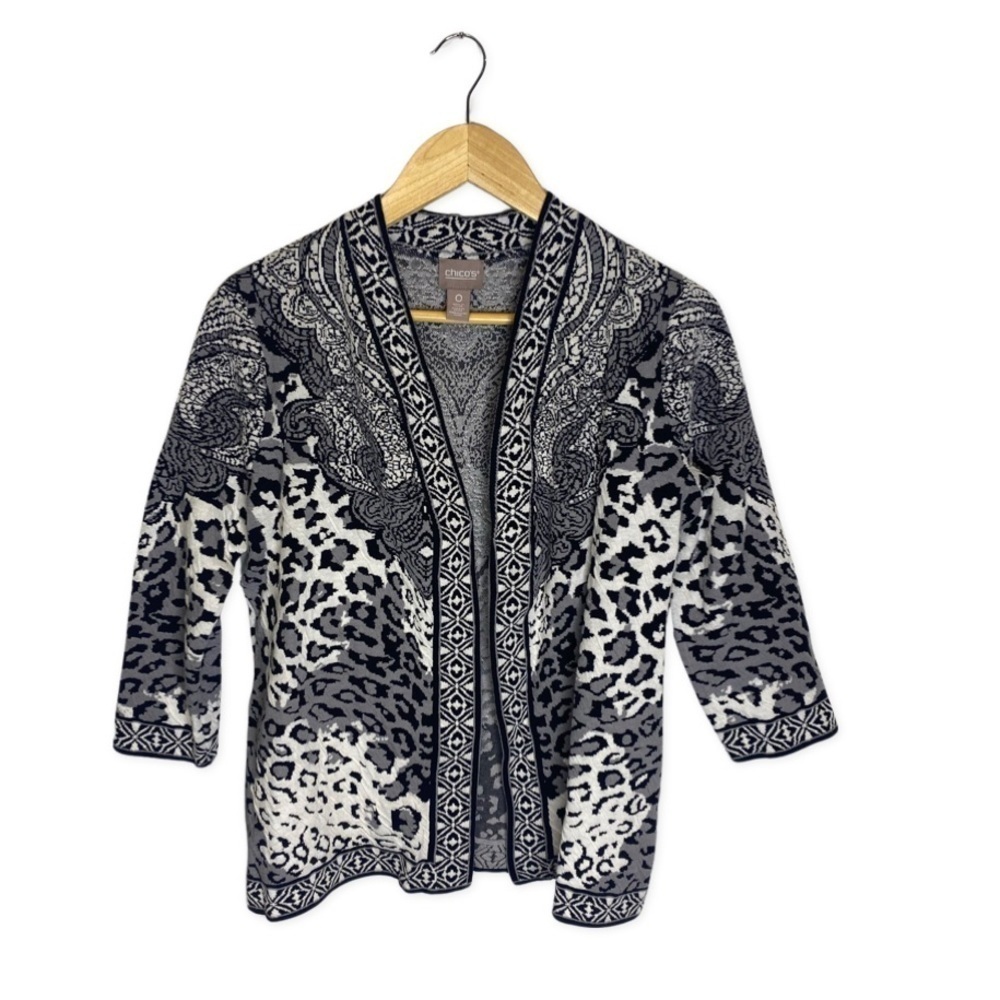 CHICO'S animal Jacquard Black And White Open Cardigan Sweater Size 0 (4-S)